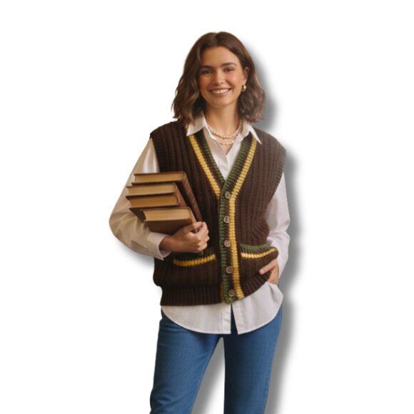 Handmade Preppy Knit Brown Striped Sweater Vest - Academia, Grandpacore, Retro - Picture 1 of 10